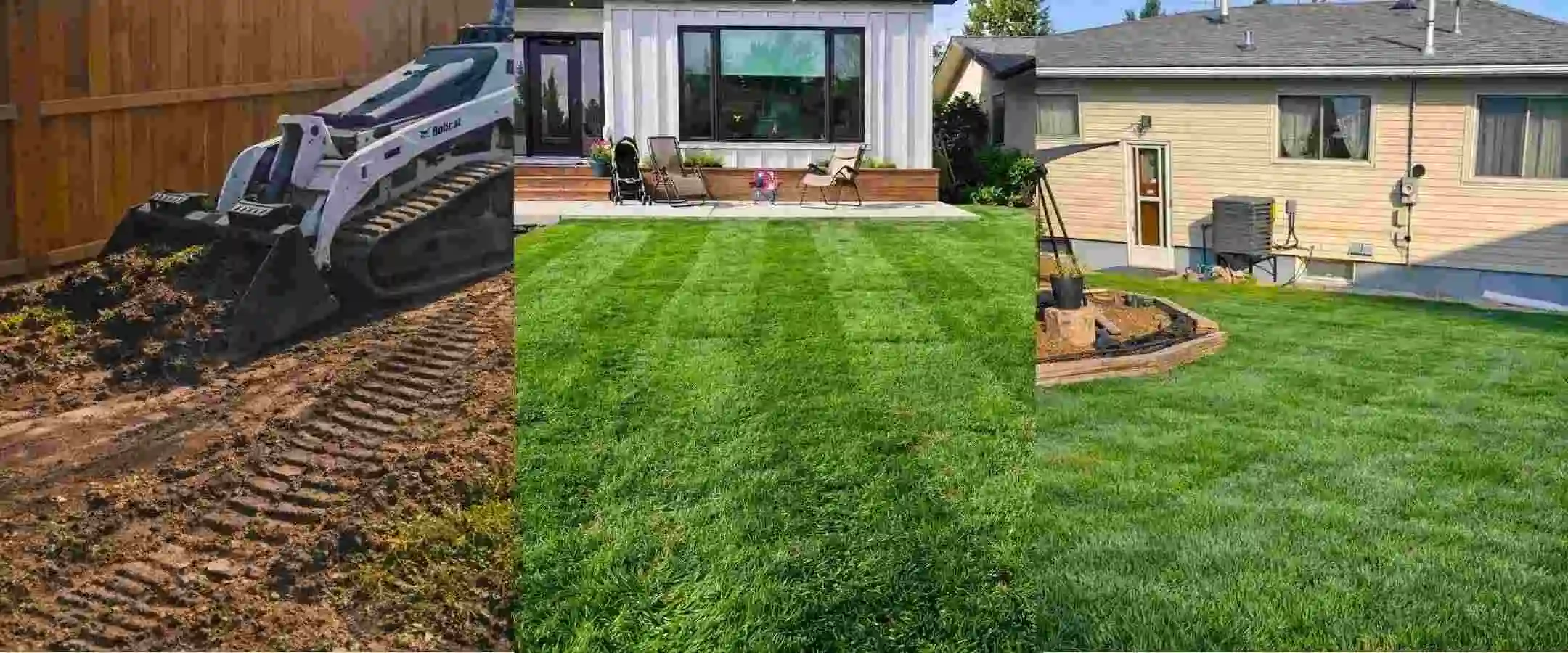 Residential sod installation showing soil preparation and completed green lawn landscaping